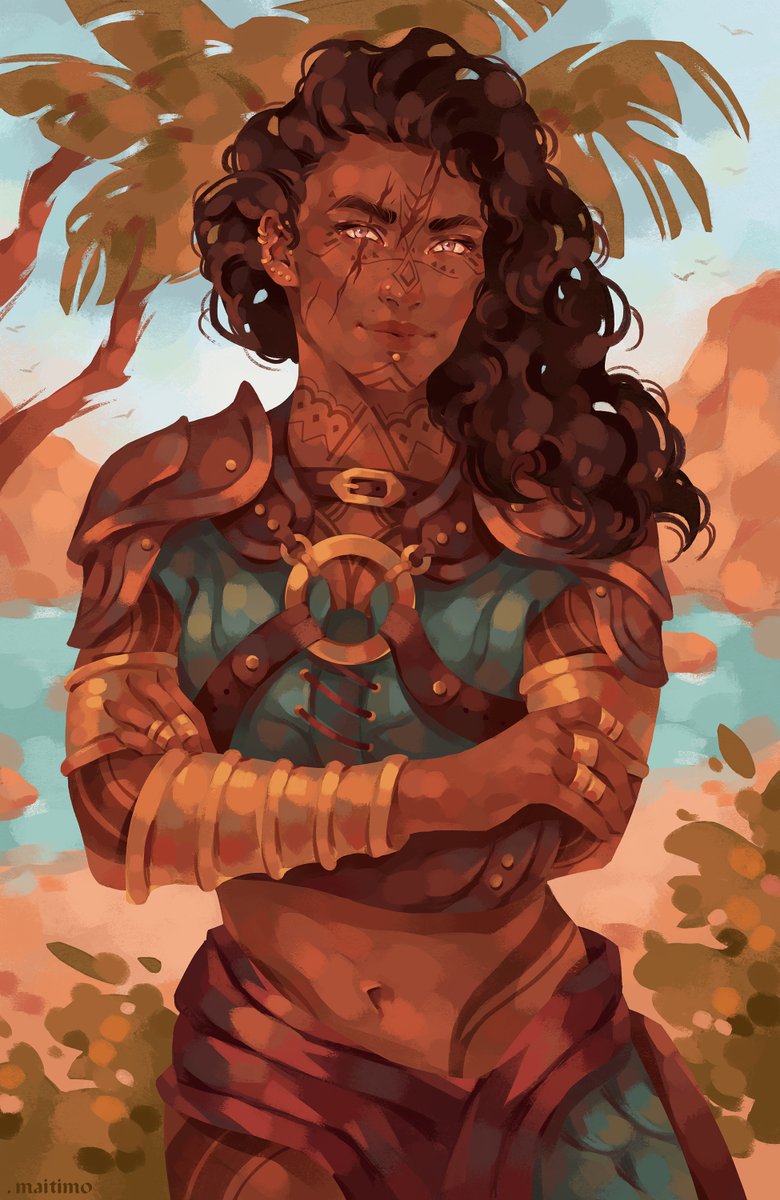 A warm, summery commissioned painting of Calida Laidir against the backdrop of the Rivain Coast. It's always a pleasure to depict the characters from the Lords of Fortune — their armor is so colorful!

#DragonAge #DragonAgeTheVeilguard