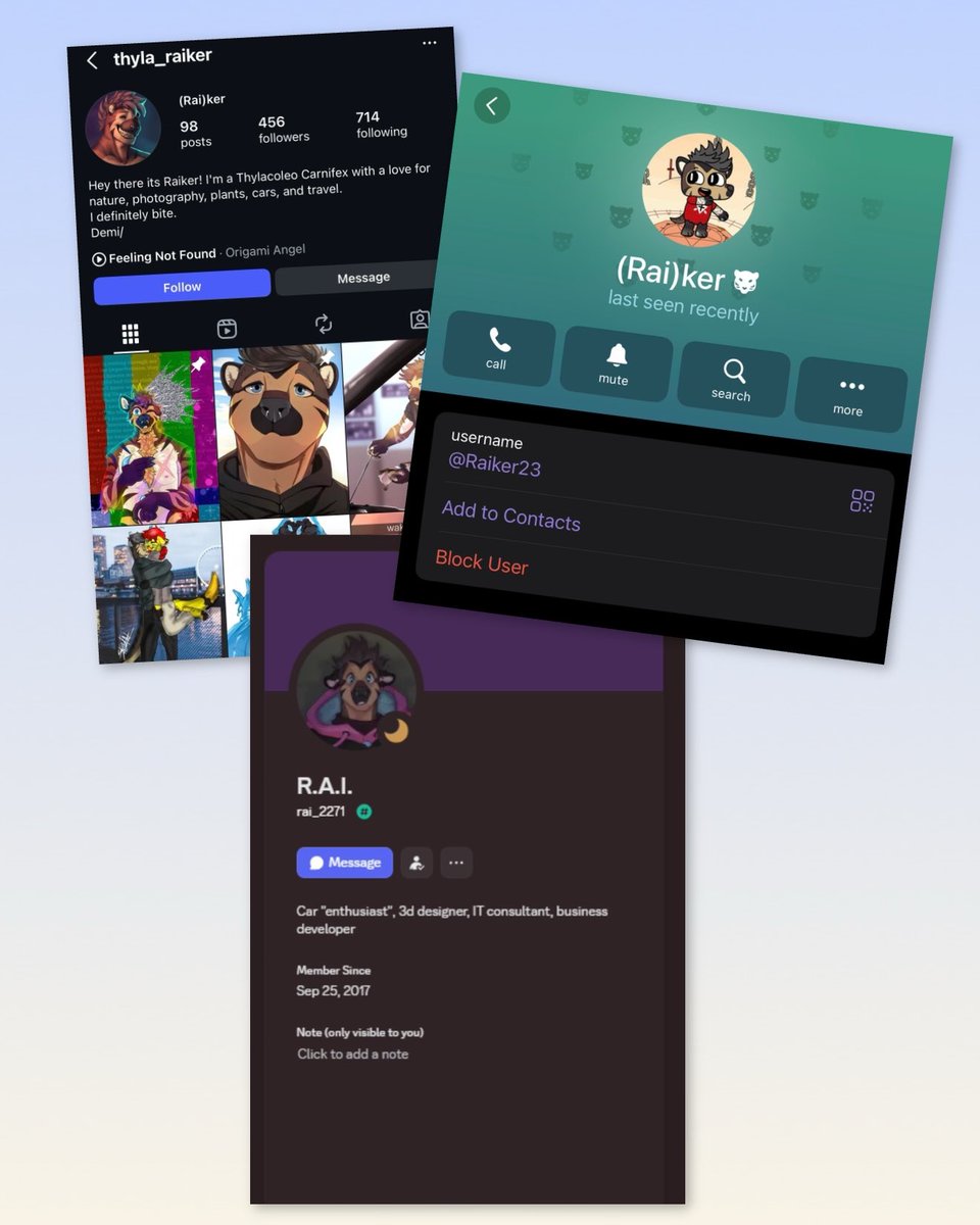🧵: I wanted to add to this post that this pedophile sociopathic zoophilic abuser is still alive and well active in the furry fandom.  He is still targeting minors 🤮 
He’s affected me and many others.

Instagram: Thyla_Raiker 
Telegram: Raiker23
Discord: rai_2271