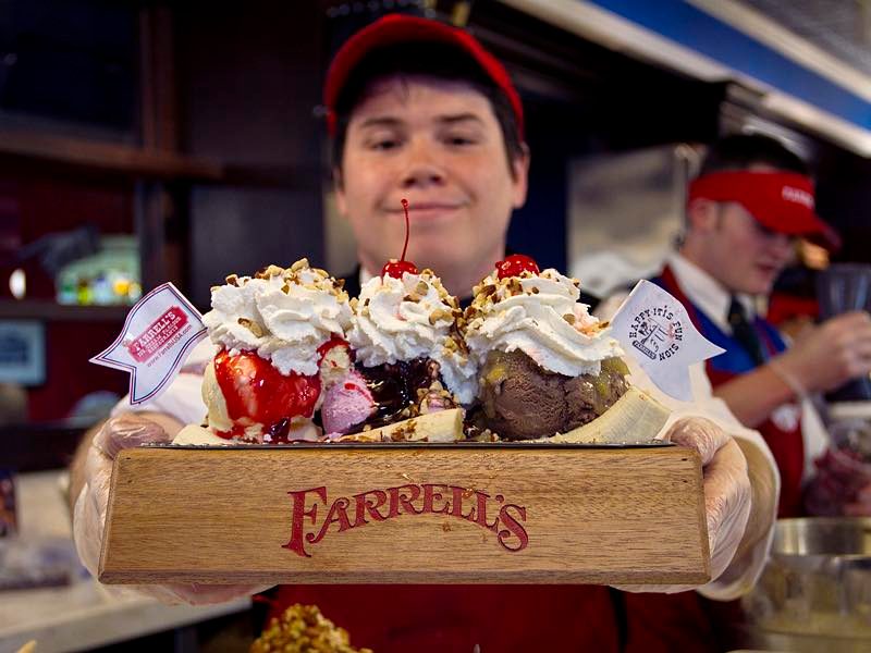 realdonchin's tweet photo. In my younger days, I made the foolish decision to eat one of these Farrell’s “Pig Trough” sundaes. The brain freeze was intense but doggone it, I had to have the button! #icecream #farrells #retro #memories #pigtrough https://t.co/Slvf6EU2yC