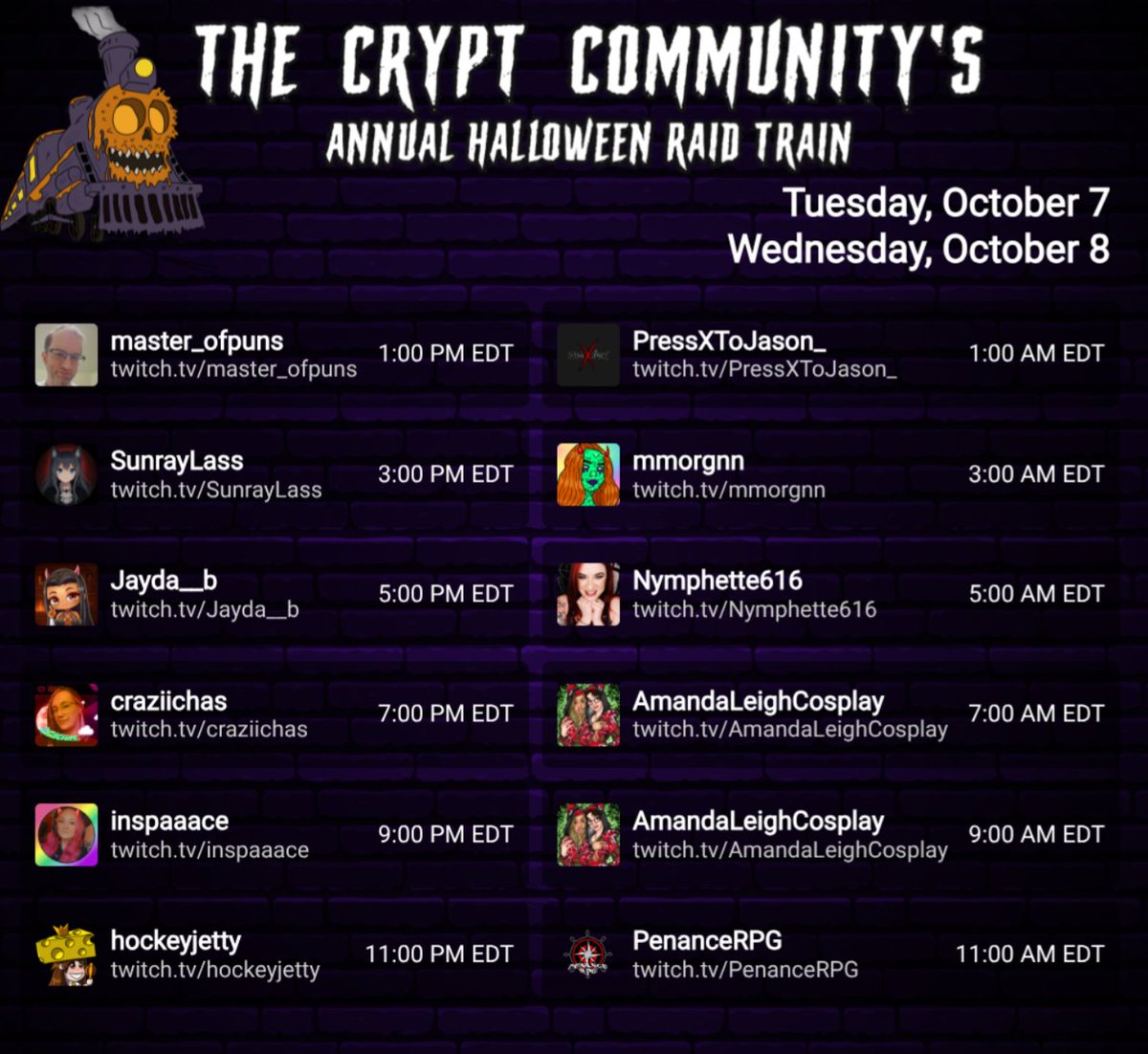 Another round of horror streamers playing the best horror games around? Don't mind if I do! 

Make sure you check out these streamers and show them love! Pop into any stream and say "CHOO CHOO!" 🚂🎃🎃🎃