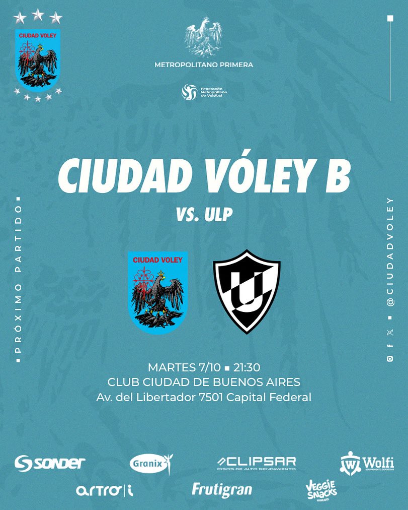 #Primera 💙 ¡HOY jugamos en casa! 🏐

Por la fecha 11 de la Rueda Campeonato, recibimos a ULP 🔥🏐

📅 Martes 7/10
🕣 21:30 hs
📍 Club Ciudad de Buenos Aires
🎟️ Entrada libre y gratuita

¡Vení a alentarnos! 💪🏻💙
#VamosCiudad