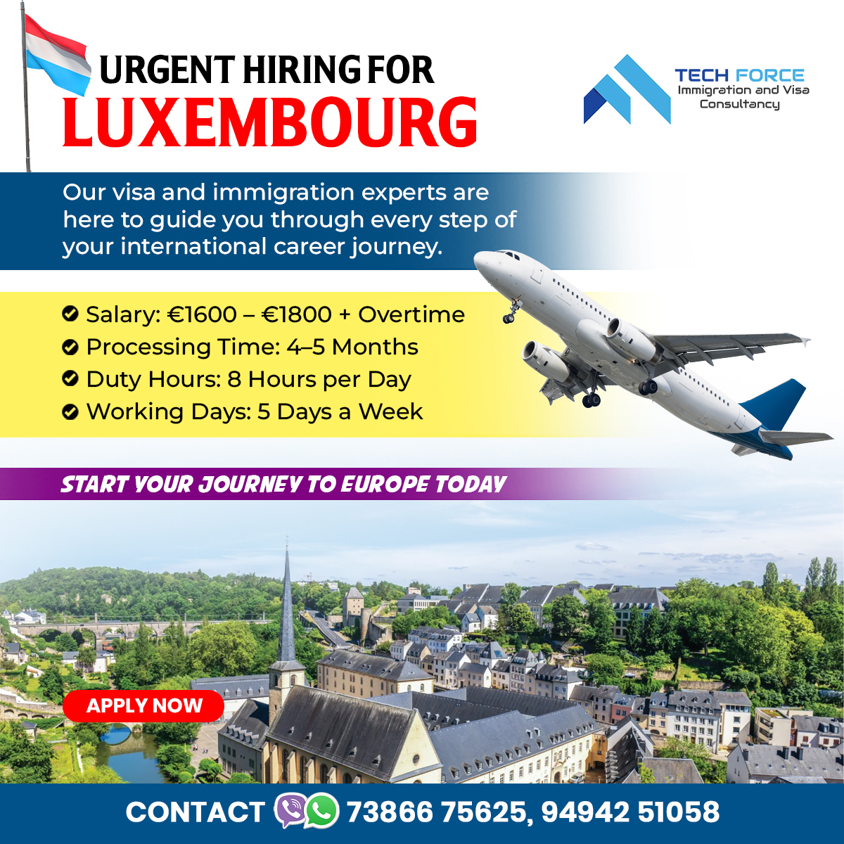 techforcevisa's tweet image. 𝐔𝐑𝐆𝐄𝐍𝐓 𝐇𝐈𝐑𝐈𝐍𝐆 𝐅𝐎𝐑 𝐋𝐔𝐗𝐄𝐌𝐁𝐎𝐔𝐑𝐆!
Our expert visa and immigration consultants are ready to guide you to 𝐲𝐨𝐮𝐫 𝐧𝐞𝐰 𝐜𝐚𝐫𝐞𝐞𝐫 𝐢𝐧 𝐄𝐮𝐫𝐨𝐩𝐞!

𝟕𝟑𝟖𝟔𝟔𝟕𝟓𝟔𝟐𝟓 | 𝟗𝟒𝟗𝟒𝟐𝟓𝟏𝟎𝟓𝟖

#UrgentHiring #Luxembourg #EuropeJobs #WorkInEurope #Visa