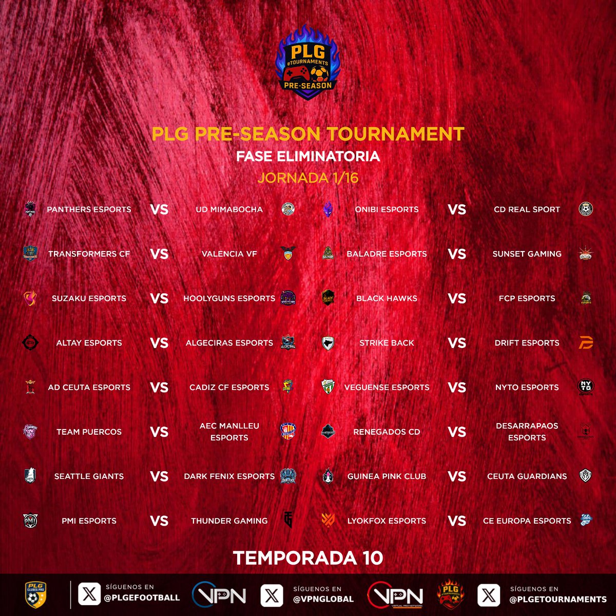 F𝐴S𝐸 𝐸L𝐼M𝐼N𝐴T𝑂R𝐼A - 1/16 𝐹I𝑁A𝐿

Comienza la ronda del KO…

Estos son los primeros enfrentamientos 😵

#10PLG 🎮⚽️