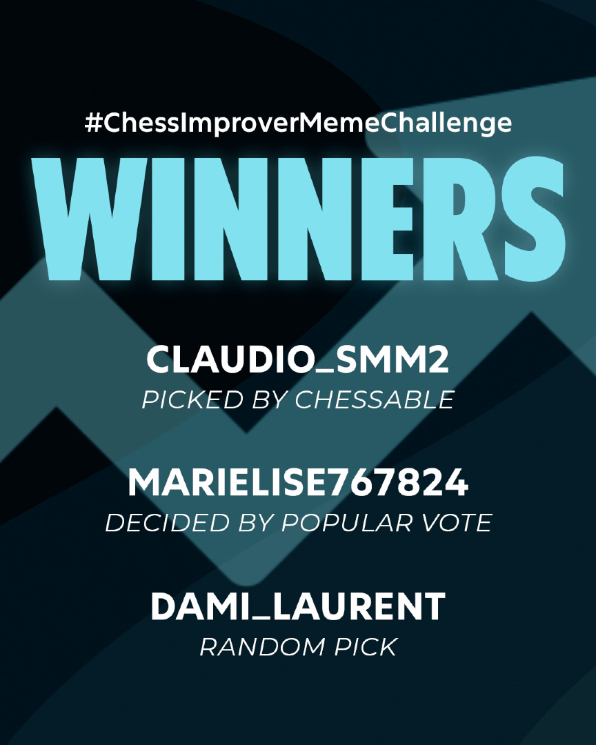 chessable's tweet image. Thanks to everyone who participated in the #ChessImproverMemeChallenge!
So many funny memes. Congratulations to the winners!
