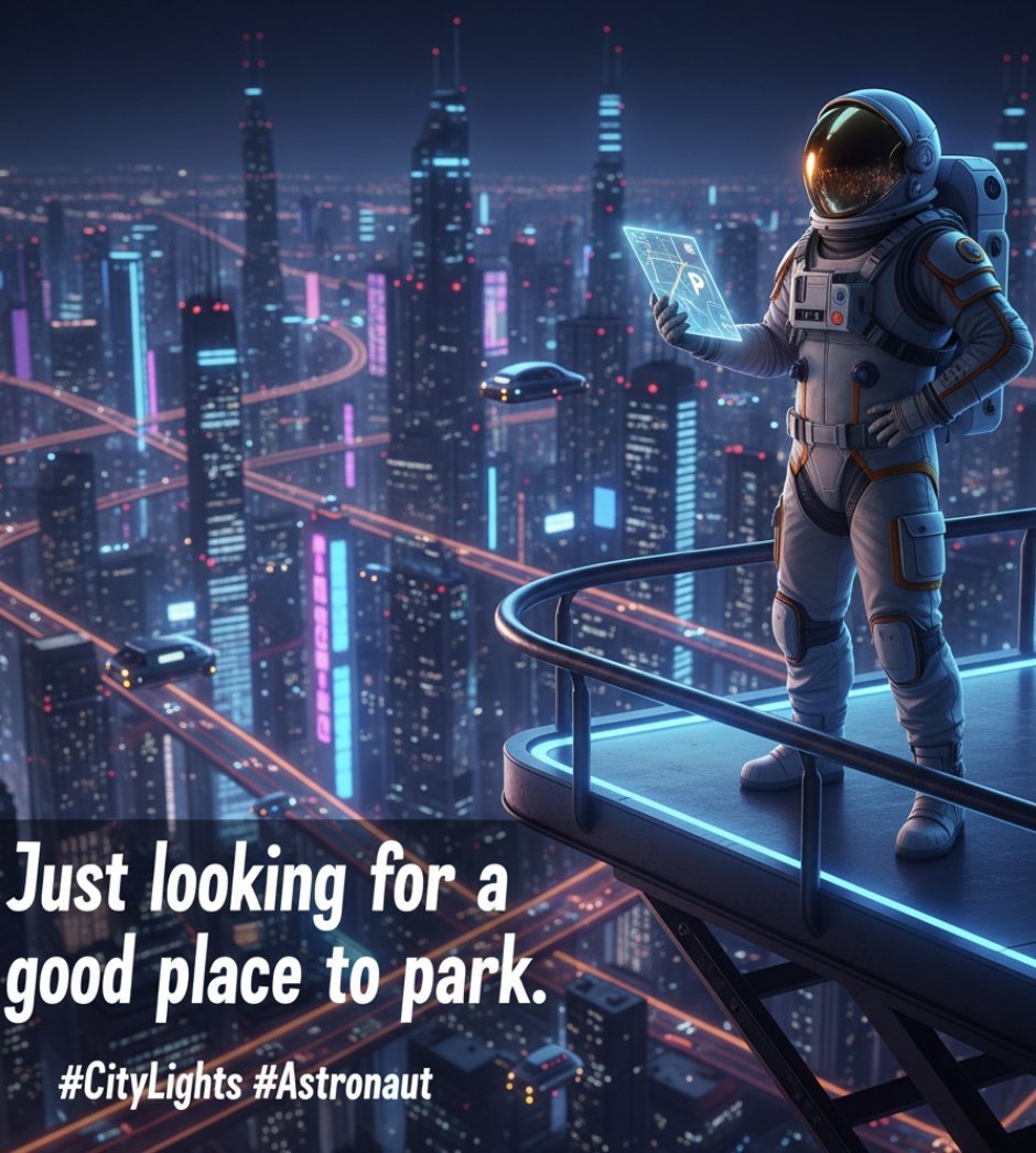 Just looking for a good place to park. 🚀 #CityLights #Astronaut