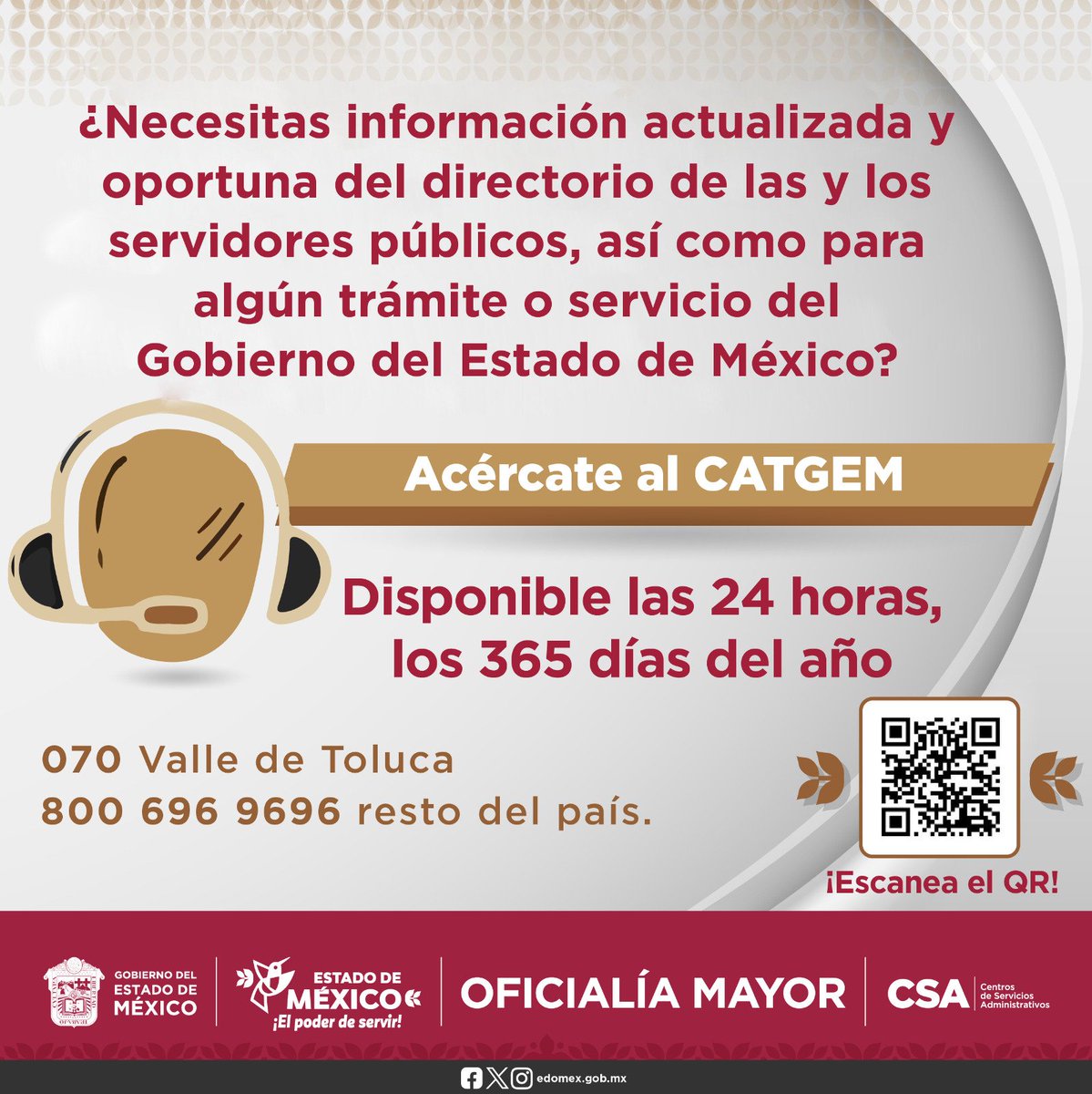 kike_pafa's tweet image. El Centro de Atención Telefónica del Gobierno del Estado de México (CATGEM) proporciona información sobre las personas servidoras públicas o de algún trámite o servicio.
Información: n9.cl/60x4tx
#ElPoderDeServir
#SomosOficialiaMayor
#CSA
@OficialiaEdoMex
@CSAedomex