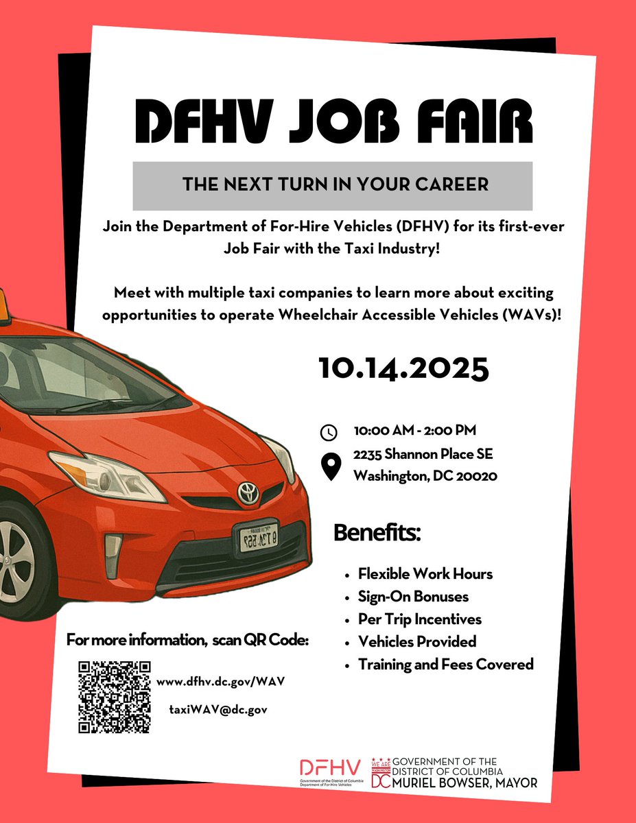 DC_DFHV's tweet image. Looking for career opportunities in the taxi industry? Join the Department of For-Hire Vehicles Job Fair!
🗓️Tuesday, Oct. 14 | 10 AM - 2 PM
📍2235 Shannon Place SE Washington, DC 20020
2nd Floor Hearing Room