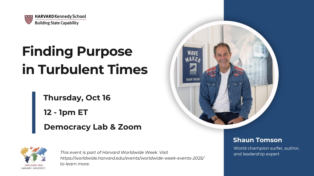Explore purpose and resilience with <a href="/shauntomson/">Shaun Tomson</a> — world champion surfer, best-selling author, and leadership expert.

📣 Seminar: Finding Purpose in Turbulent Times
🗓️ Oct 16 | 12–1PM ET
📍 R414AB &amp; Zoom

🔗 More info &amp; registration: hksexeced.tfaforms.net/f/registration…