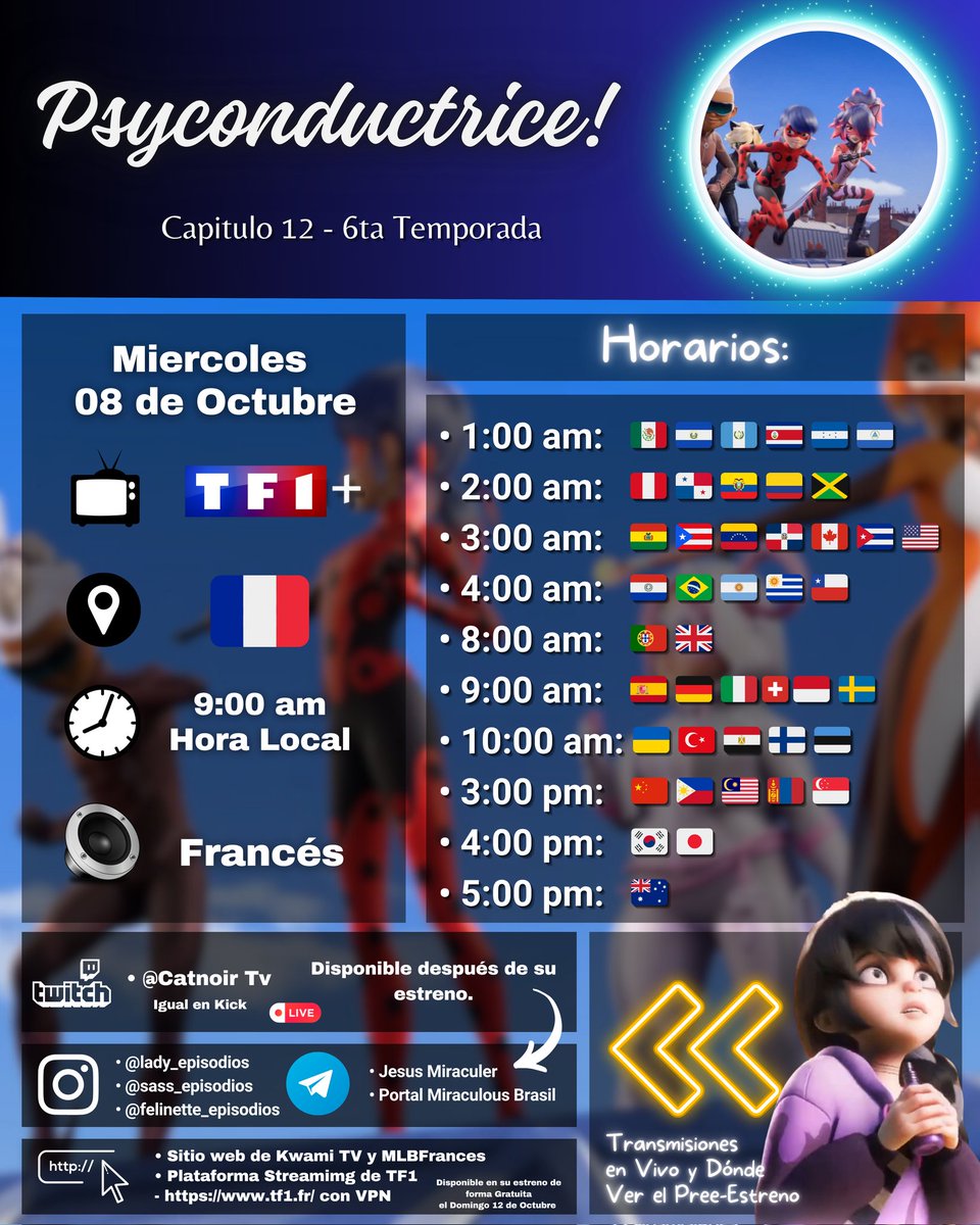 ✨🐞Horarios para esperar el Estreno de Psyconductrice/ Wreckless Driver (612) en Exclusiva por TF1 + premium (usuarios Premium) 
La madrugada de este Miércoles!! 
Hoy Toca Desvelada en LATAM 🥳
#MLBS6Spoilers #MiraculousSeason6