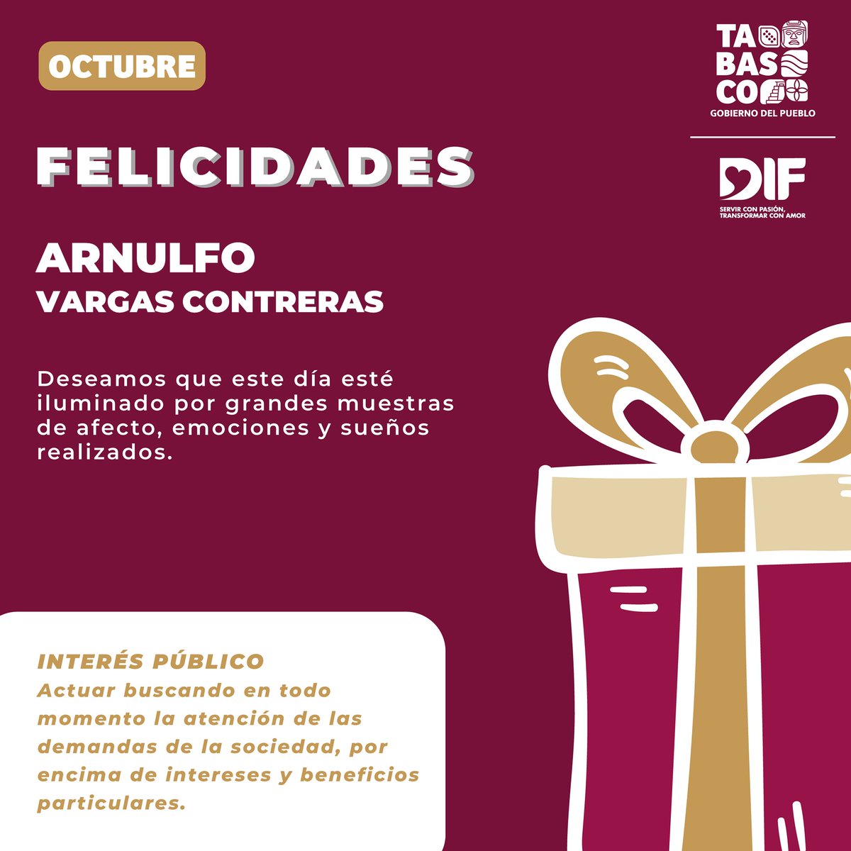 Hoy celebramos el cumpleaños de Arnulfo Vargas Contreras. Gracias por ser parte del Sistema DIF Tabasco, nuestros mejores deseos en este día especial.