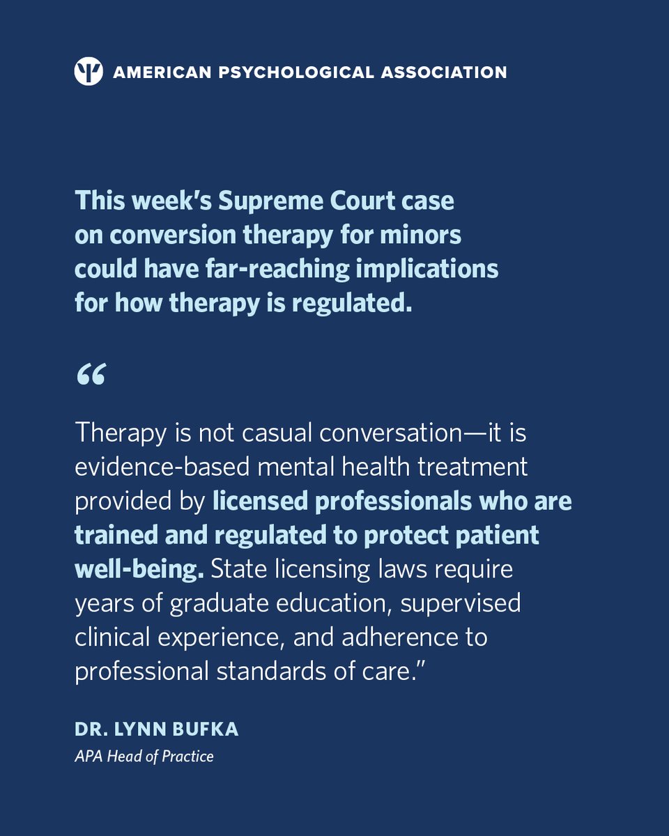 Therapy isn’t free-form speech—it’s licensed, evidence-based health care. What the Court decides in Chiles v. Salazar could redefine that distinction. 

Read the full Axios article, featuring APA's head of practice, Dr. Lynn Bufka: at.apa.org/e22199

#SCOTUS #therapy