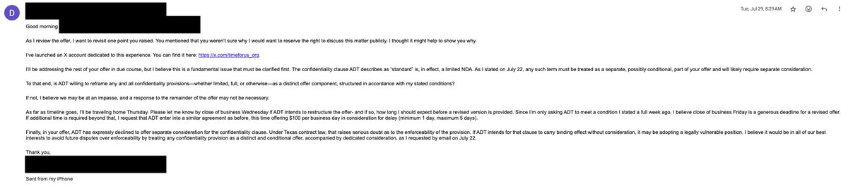 timeforus_org's tweet image. 134/
My reply was firm. I clarified that what ADT had provided wasn’t a legally valid offer and gave them a clear timeline to fix it.

Also, for the first time, I mentioned the public record I’d started keeping.

Here’s that email.

#TimeForUs #timeline