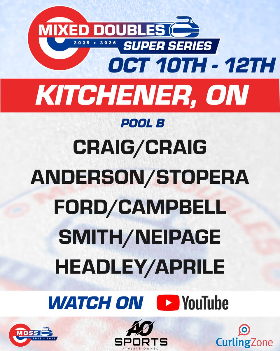 We're 2 days away from starting our season in Kitchener, ON. Here are the pools for the event.

You can watch the games for FREE at:
youtube.com/@MixedDoublesS…
youtube.com/@CurlingZone/
aosports.tv/WP2/mdss/

Subscribe today so you don't miss any of the action!