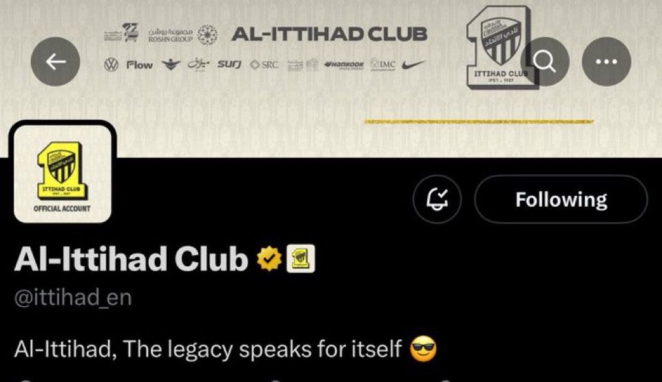 🚨🚨 - نادي ⁧الاتحاد⁩ يضع في البايو الخاص لحساب النادي:

الاتحاد، الأرث الذي يتحدث عن نفسه.

------------------------------
&gt; *🇸🇦 منبـر الڪرة السـعوديـة🎙️⚽*
&gt; *ضع بصمتـك بتفاعل حلو 👍🏻❤️*