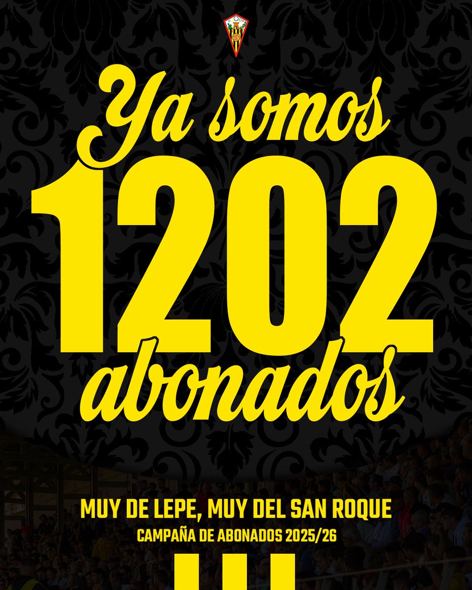 🤩👏🏽 ¡Ya somos 1️⃣2️⃣0️⃣2️⃣ abonados!

Gracias a cada uno de vosotros por hacer grande a nuestra familia.
Este número no solo refleja abonados, sino el compromiso, la ilusión y el amor por nuestros colores.

Sigamos caminando juntos, porque unidos somos imparables.

¡Vamos San Roque!