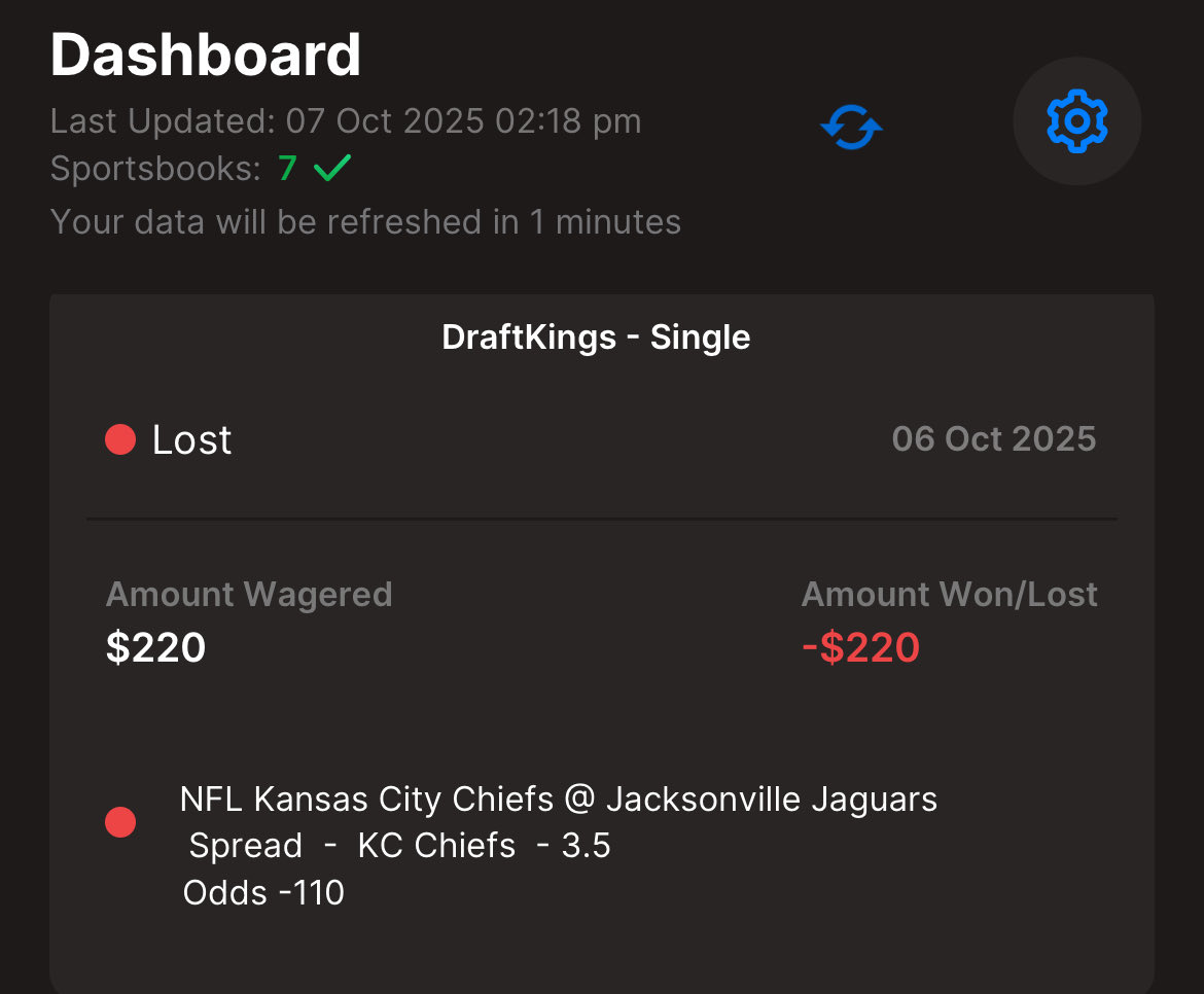 myBetLocker's tweet photo. We lost the KC -3.5 last night (see mBL screenshot) &amp; are now 49-54 for the year. Tonight we are going to parlay FL &amp; NYR to kick off the NHL season. Download @mybetlocker to track &amp; analyze your bets - see screenshot of our myBetLocker dashboard tracking the bet we placed on DK! https://t.co/jOCBNttFNh