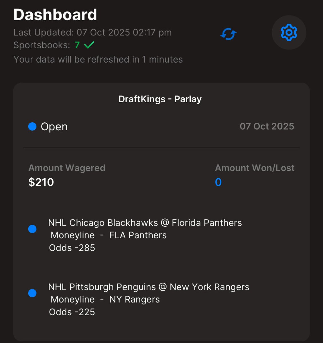myBetLocker's tweet photo. We lost the KC -3.5 last night (see mBL screenshot) &amp; are now 49-54 for the year. Tonight we are going to parlay FL &amp; NYR to kick off the NHL season. Download @mybetlocker to track &amp; analyze your bets - see screenshot of our myBetLocker dashboard tracking the bet we placed on DK! https://t.co/jOCBNttFNh