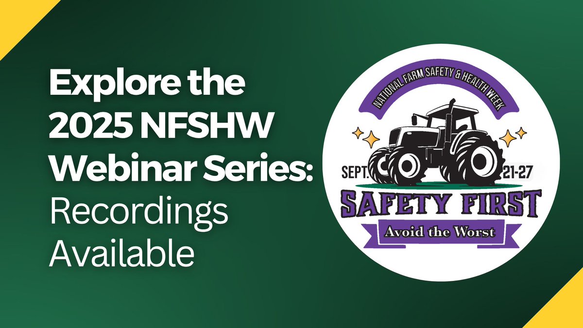 🌾 NFSHW Webinar Series: Watch, Learn, and Earn! Missed a session during National Farm Health and Safety Week 2025? Catch up with the recordings and earn FREE continuing education credits! 

👉 Start learning today: learning.agrisafe.org/national-farm-…