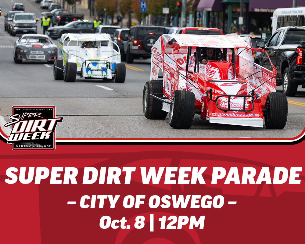 SuperDIRTWeek's tweet photo. The annual parade through the city of Oswego is back!

Join us  tomorrow as cars drive through the city streets before they hit the track at Super DIRT Week 53! https://t.co/SzQemwuMvq