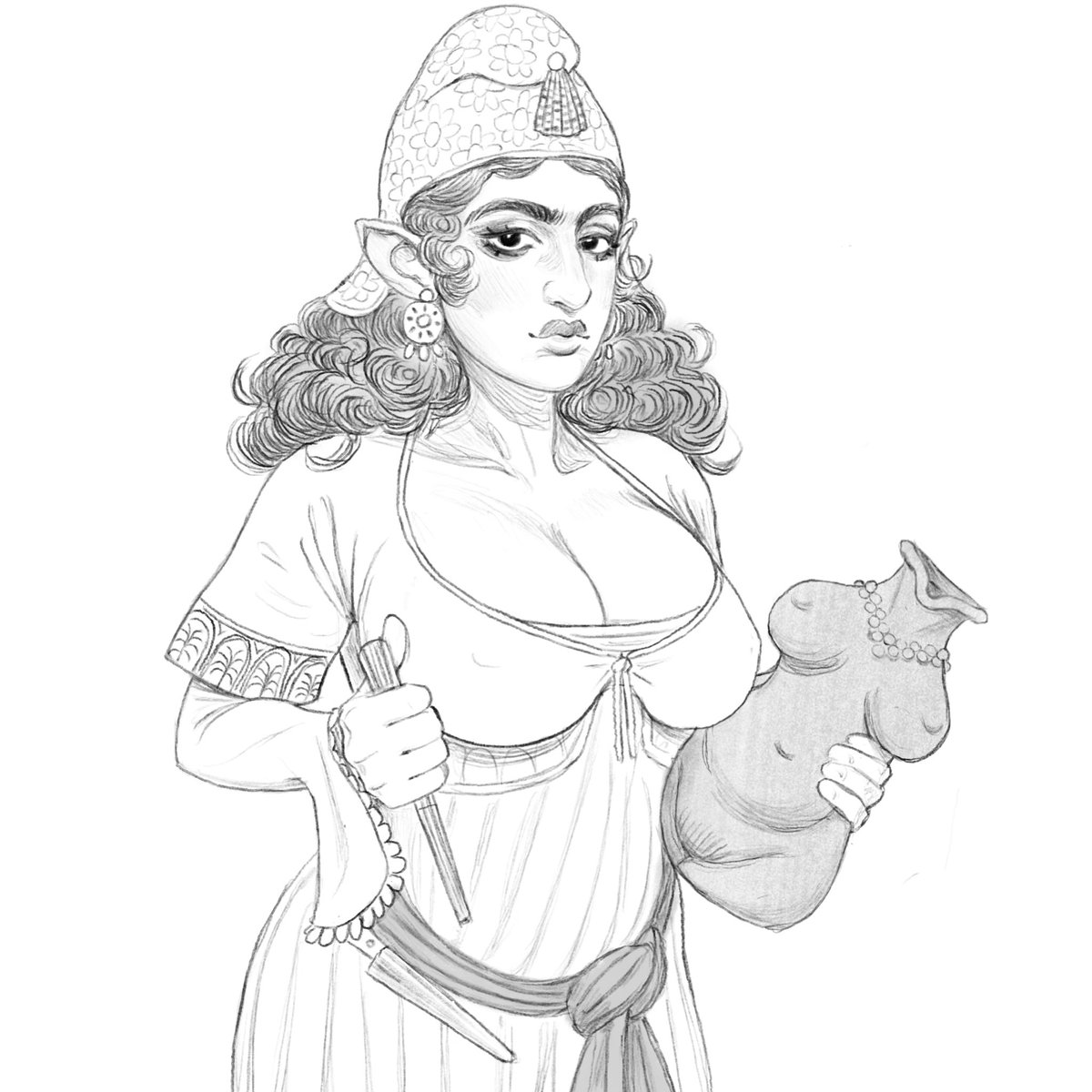 Trying a new pencil:
Here’s a Sondijian elf with a fertility vase