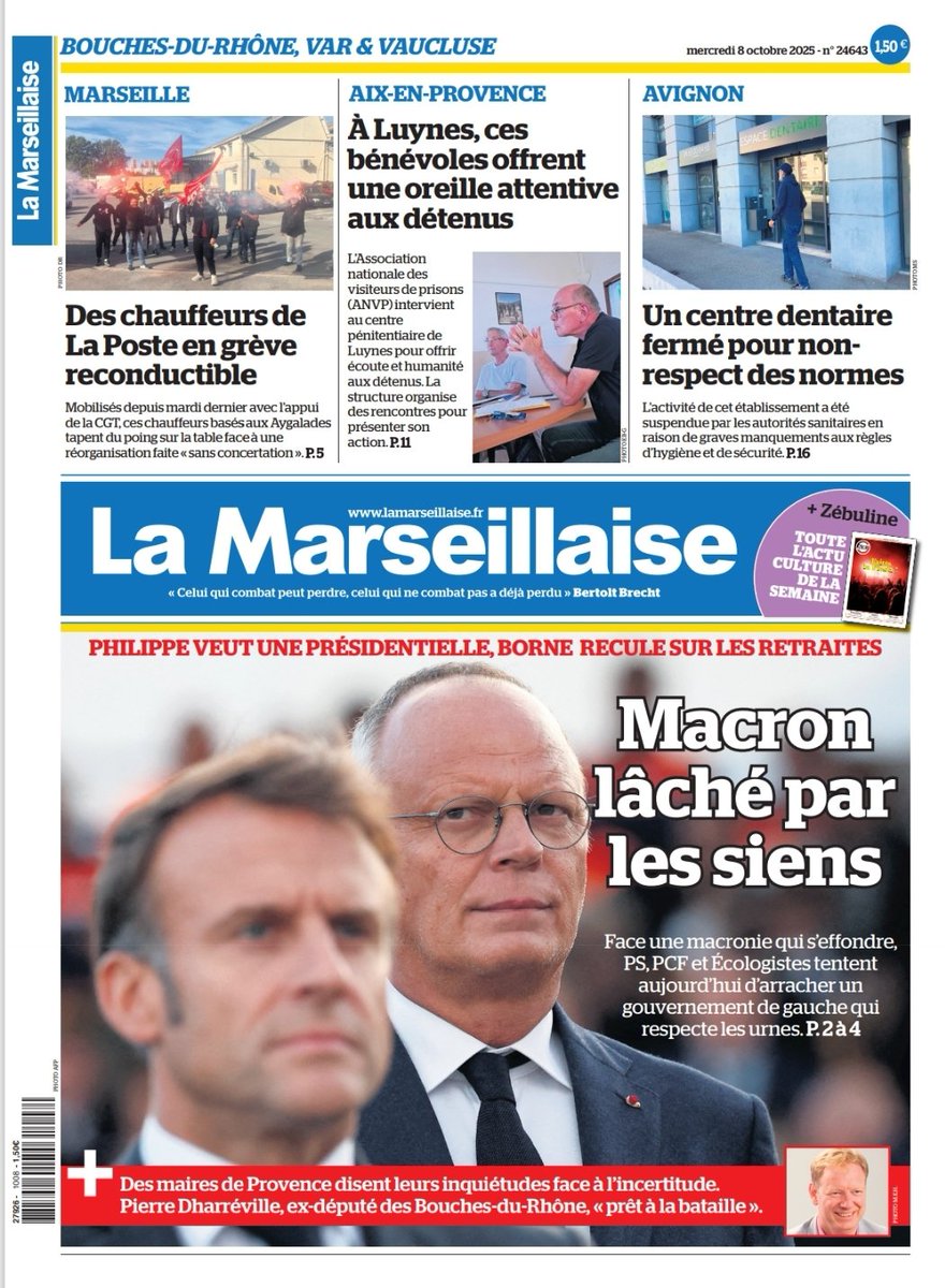 LeoPurguette's tweet image. #ÀlaUne du 8 octobre 2025 #SebastienLecornu #Demission #CrisePolitique #Macron #Gouvernement #Marseille #Grève #LaPoste #Aix #Luynes #Prison #Avignon #Santé  #Culture #ZBLN
En kiosque et par abonnement sur lamarseillaise.fr