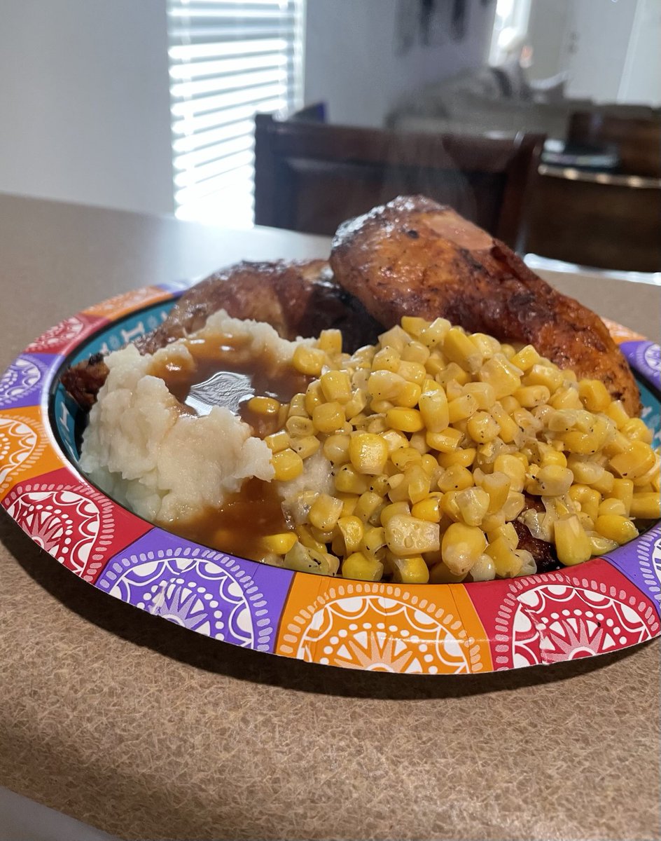 Not my best stuff because I hate when the chicken skin breaks BUT, he’s 5 mins away. Let’s serve this man his baked leg quarters, mash, and corn w a tall glass of sweet tea. Rolls are almost out of the oven.