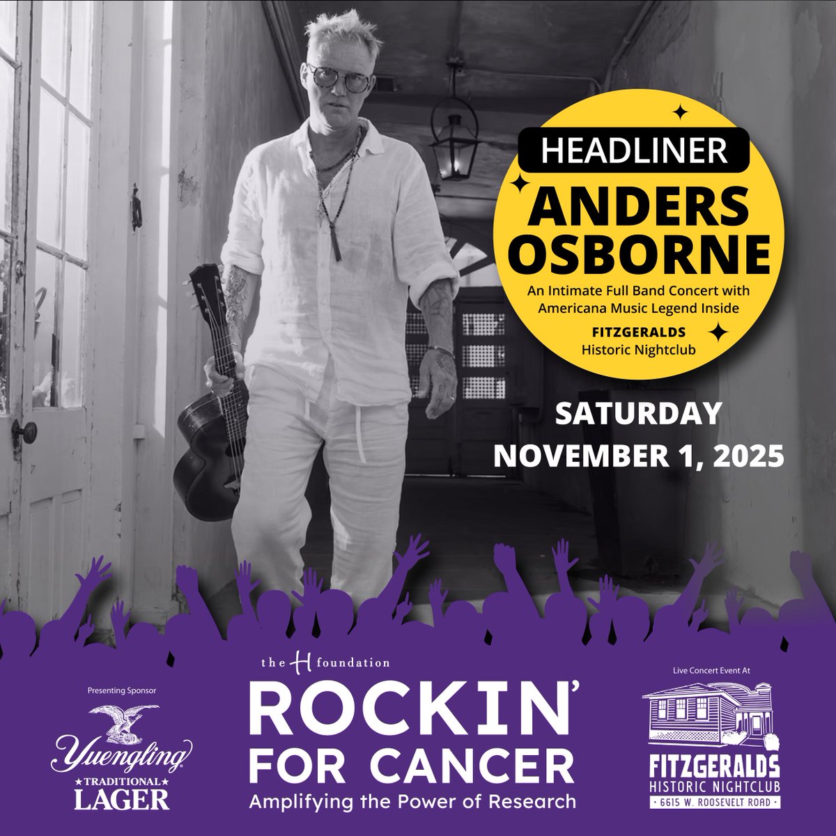 The H Foundation is Excited to Announce  Rockin’ for Cancer at Fitzgerald's Historic Nightclub on Sat. Nov 1!   
Included:
BBQ buffet from Babygold Barbecue
Complimentary Yuengling
A champagne toast
Get tickets at loom.ly/L7X-I2A  #thehfoundation #fitzgeraldsnightclub