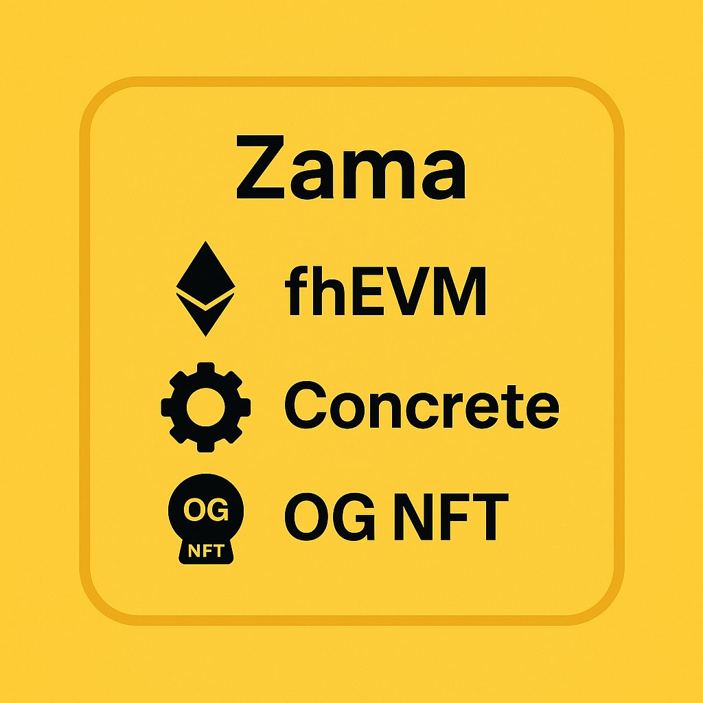 Zama, FHE (Tam Homomorfik Şifreleme) <a href="/zama_fhe/">Now @zama</a> 
👉 fhEVM: Akıllı kontratlar şifreli verilerle çalışıyor.
👉 Concrete &amp; TFHE-rs: Geliştiricilere açık kaynak altyapı.
👉 OG NFT: Erken destekçilere ödül + topluluk kimliği.
Özetle Zama = gizlilik varsayılan, inovasyon sınırsız 🚀