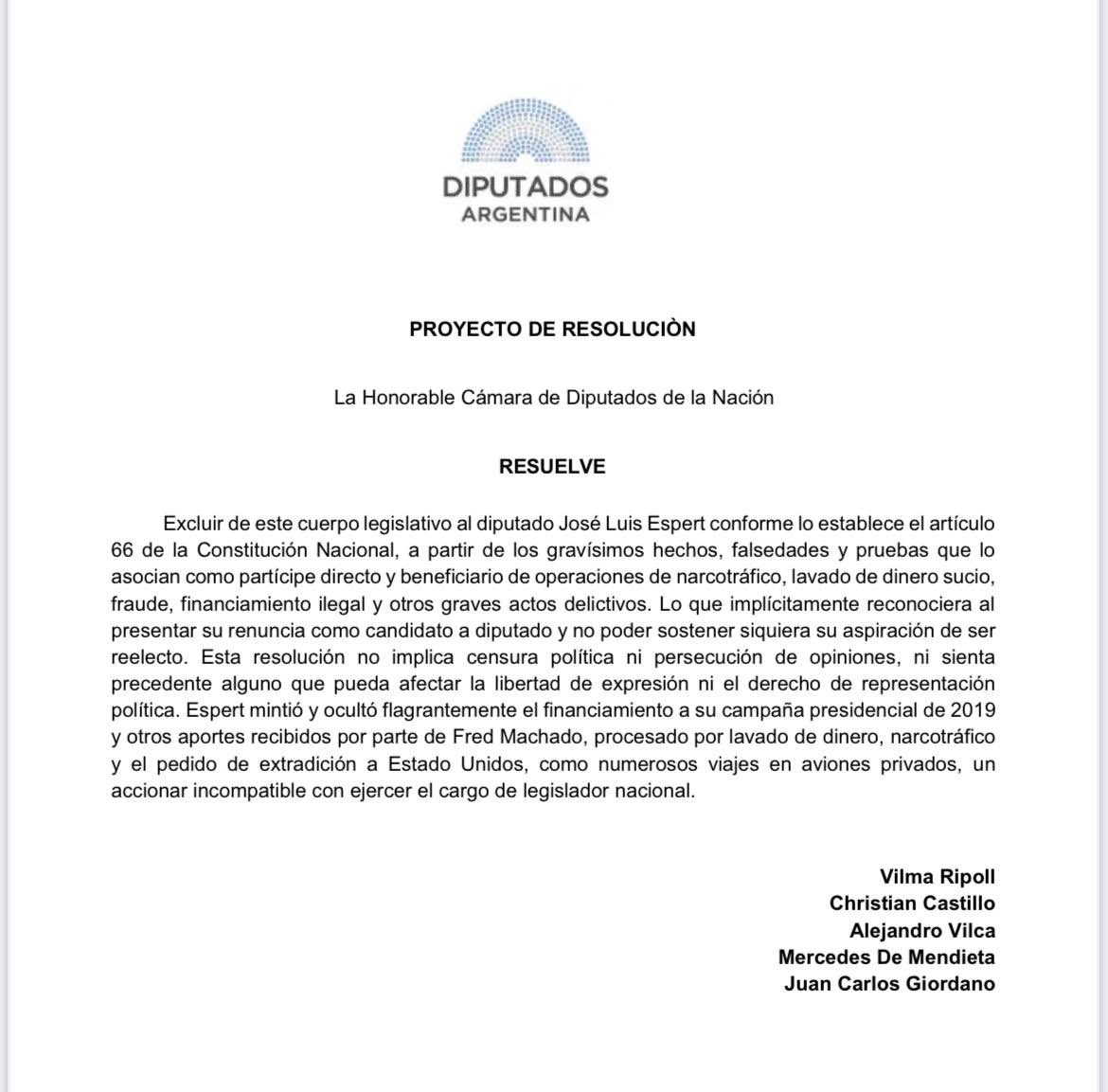 🔴Desde la banca de #frentedeizquierdaunidad presentamos un proyecto de resolución en la cámara de <a href="/DiputadosAR/">Diputados Argentina</a> que expresa: 

📑Excluir de este cuerpo legislativo al diputado <a href="/jlespert/">José Luis Espert</a> conforme lo establece el artículo 66 de la Constitución Nacional, a partir de los gravísimos