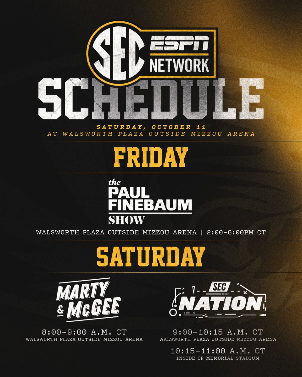 Mizzou Athletics (@mizzouathletics) on Twitter photo Show your Tiger pride and join <a href="/SECNetwork/">SEC Network</a> on Friday from 2:00-6:00 PM and Saturday from 8:00-10:15 AM on Walsworth Plaza in front of Mizzou Arena!
#MIZ 🐯 Show your Tiger pride and join <a href="/SECNetwork/">SEC Network</a> on Friday from 2:00-6:00 PM and Saturday from 8:00-10:15 AM on Walsworth Plaza in front of Mizzou Arena!
#MIZ 🐯