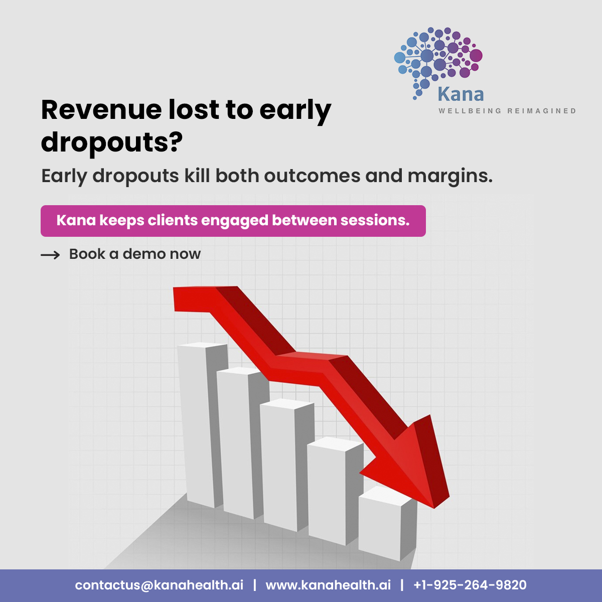 Kanahealthinc's tweet photo. 1 in 3 clients drop out before therapy makes a difference.That’s lost progress &amp; lost revenue.
Kana’s AI Copilot keeps clients engaged between sessions with personalized nudges, insights &amp; care plans. 
Book a demo: https://t.co/FAhyz0qNTj 
#Therapist #GroupPractice #MentalHealth https://t.co/yLRYkgRoWw