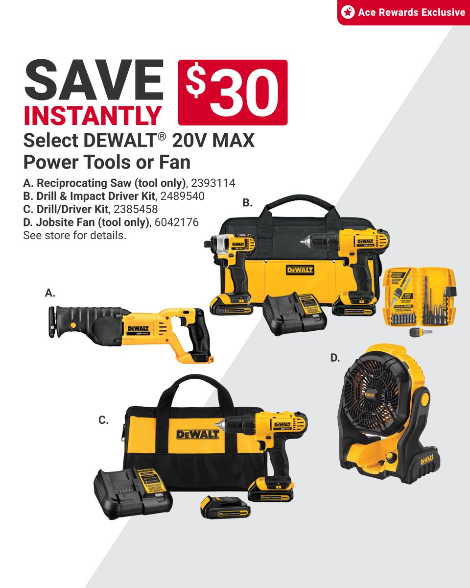OvertonAce's tweet photo. Any home project is easy with the right tools. Come to our store to stock up on DEWALT® Power Tools today. Ace Rewards members save $30 instantly! See our store for details. Offer valid at participating locations August 27–September 30. Learn more at https://t.co/srSvMyVi2I... https://t.co/6sZmYITTXx