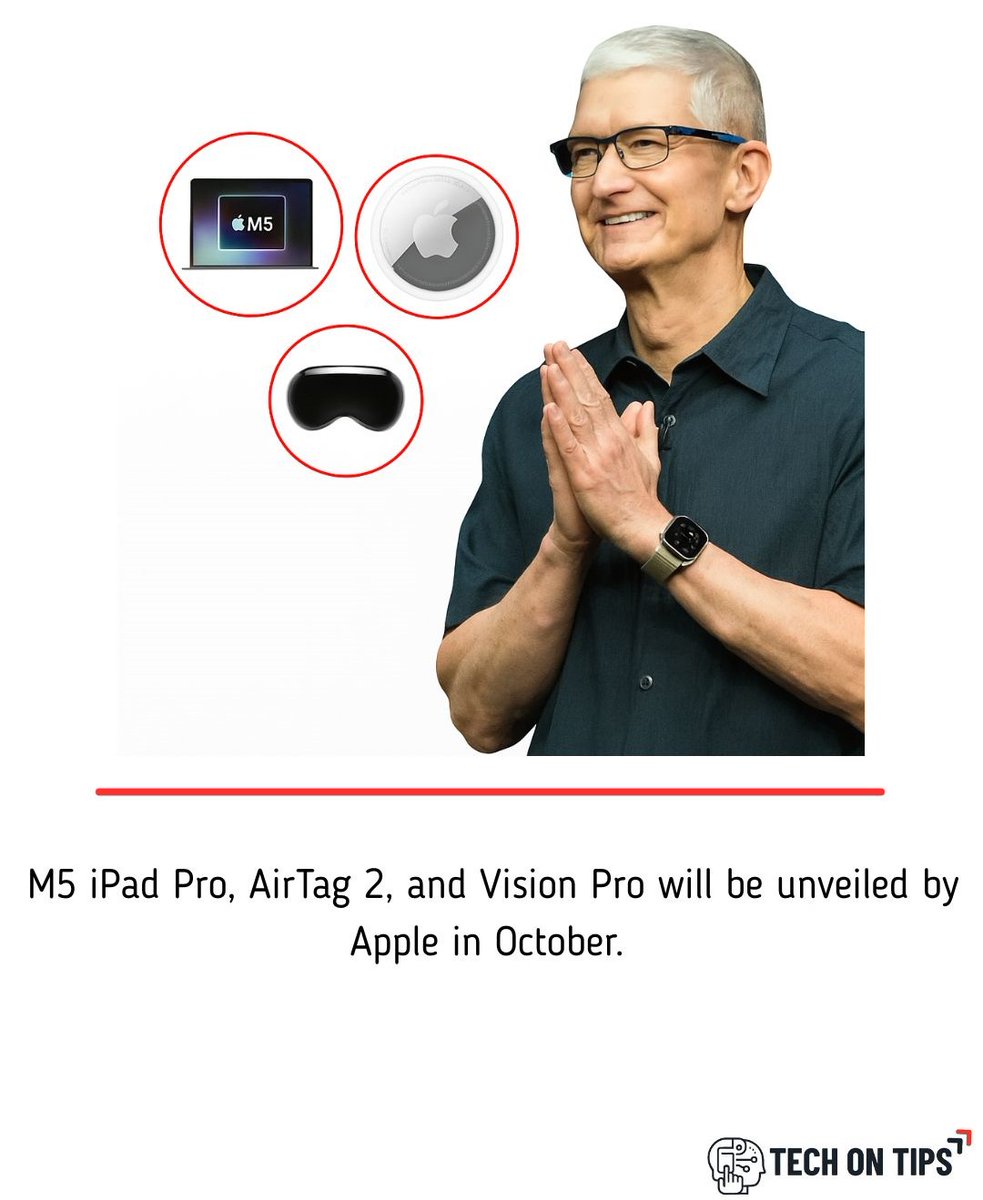 TechonTips24's tweet image. The lineup for Apple's October event appears to be exciting. AirTag 2, the new M5 iPad Pro, and a potential Vision Pro update are all mentioned in rumors. What are you most looking forward to from Apple, which may end 2025 on a high note?
#AppleEvent #AppleNews #M5iPadPro