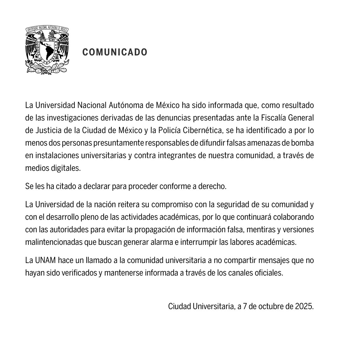 🔴La UNAM identifica a presuntos responsables de difundir falsas amenazas de bomba

La UNAM informó que, tras investigaciones de la Fiscalía de CDMX y la Policía Cibernética, fueron identificadas al menos dos personas presuntamente responsables de difundir falsas amenazas de