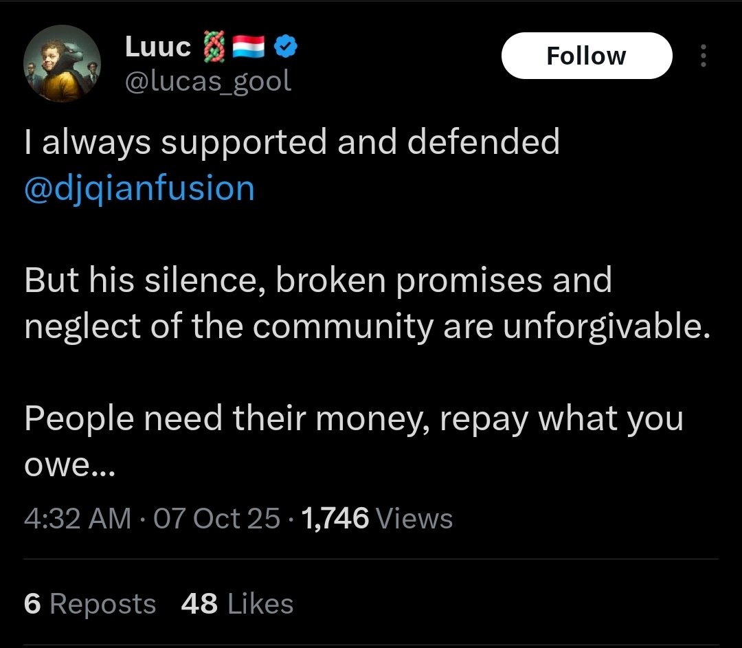 OGs (who blocked me many moons ago for calling out DJ) are down BAD. 

Unfortunately, this is what you get when you trust an autistic retard named <a href="/djqianfusion/">DJ Qian 🪢</a> who is in cahoots with <a href="/MikeLempres/">Mike Lempres</a> <a href="/najkidwai/">Dr. Najam Kidwai Investor Hon.DTech and Hon.DBA</a>. $xchng $fsn $cfnd