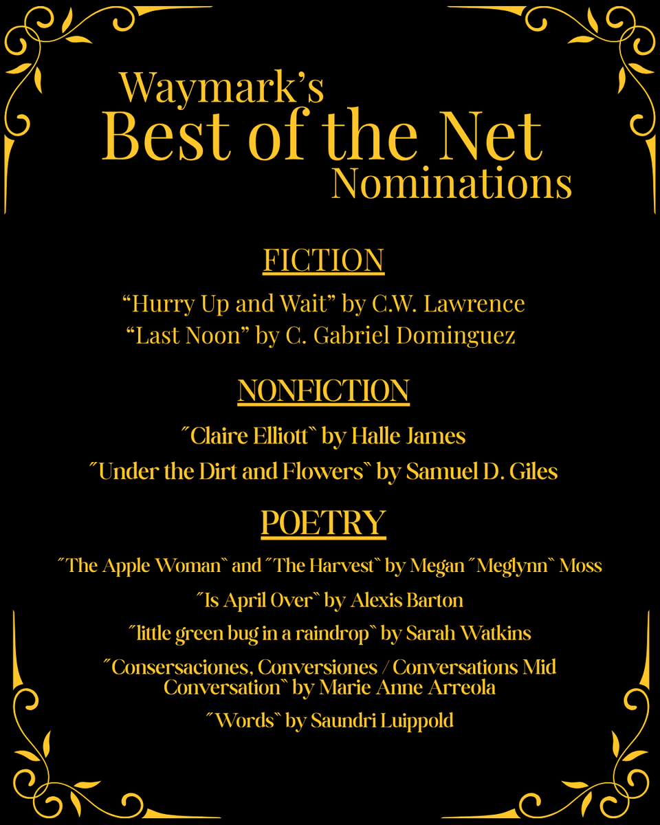 🌟 Our Best of the Net 2025 nominees are here! 🌟
We’re beyond excited to celebrate our contributors in fiction, nonfiction, and poetry. 💛
Waymark is proud to showcase and support these incredible voices — read their work on our website!
#BestOfTheNet #WaymarkLitMag