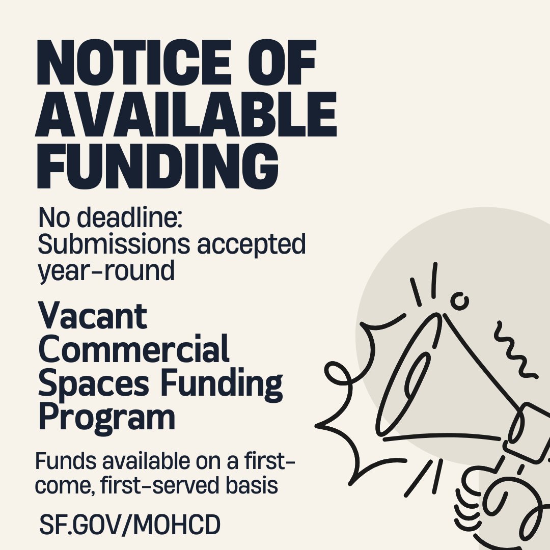 We are pleased to announce a new funding opportunity to support the build-out or code compliance of long-standing vacant commercial spaces. Funding is available on a first-come, first-served basis. sf.gov/information--v…