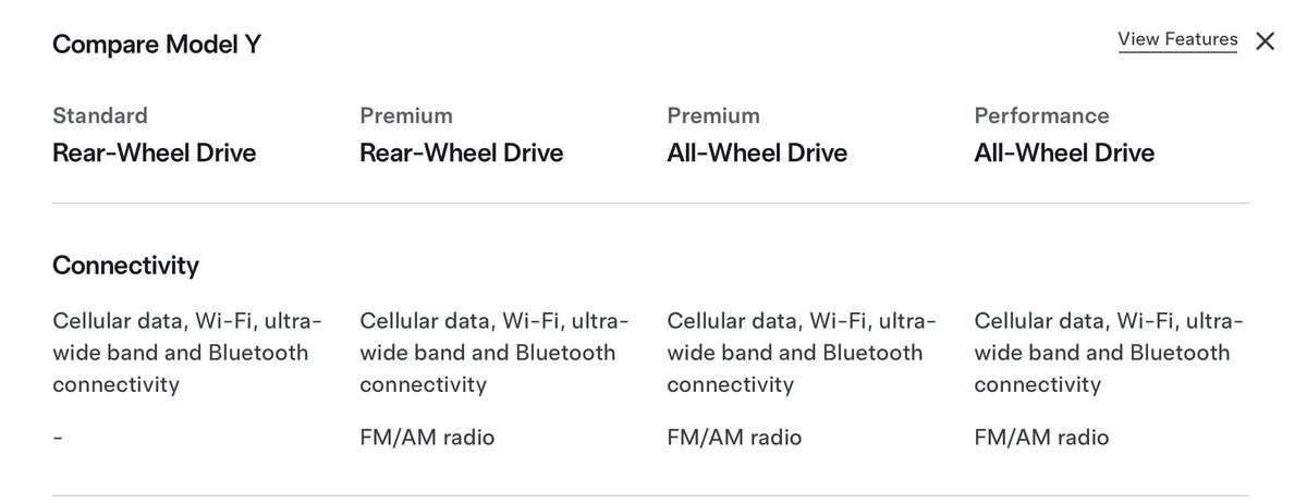 No AM / FM radio on Model Y Standard.