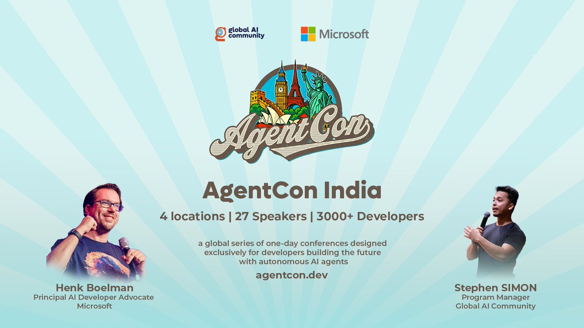 codewithsimon's tweet image. I’ll be travelling across Noida, Gurgaon, Hyderabad, & Pune with @hboelman for #AgentCon.
This will be my first major event as PM at the @GlobAICommunity & I couldn’t be more excited to meet 3000+ developers & experience the energy of India’s AI ecosystem
#GlobalAICommunity