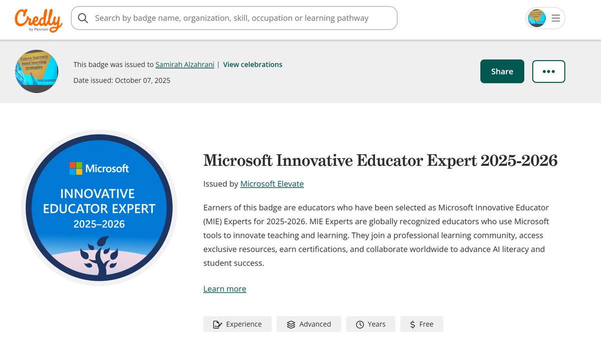 samzah777's tweet image. #خبير_مايكروسوفت_للتعلم_الإبداعي لعام 2025-2026
#MIEExpert
@Microsoft_Saudi
@MicrosoftLearn
@Microsoft
@abeermehdar
@MScreativeteam 
So excited to receive my MIE2025-2026 today in Credly