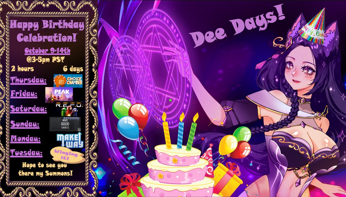 TheDeeKitty's tweet image. My birthday is coming up and we are celebrating it with 6 days of fun!! 🎂
Starting this Thursday at 3 pm PST and continuing onwards from there! 3 days of just me and 3 days with collabs! See you there! 🥳

🎨@Harukochan_artz
#birthdaygirl #vtuber #celebration #chaos