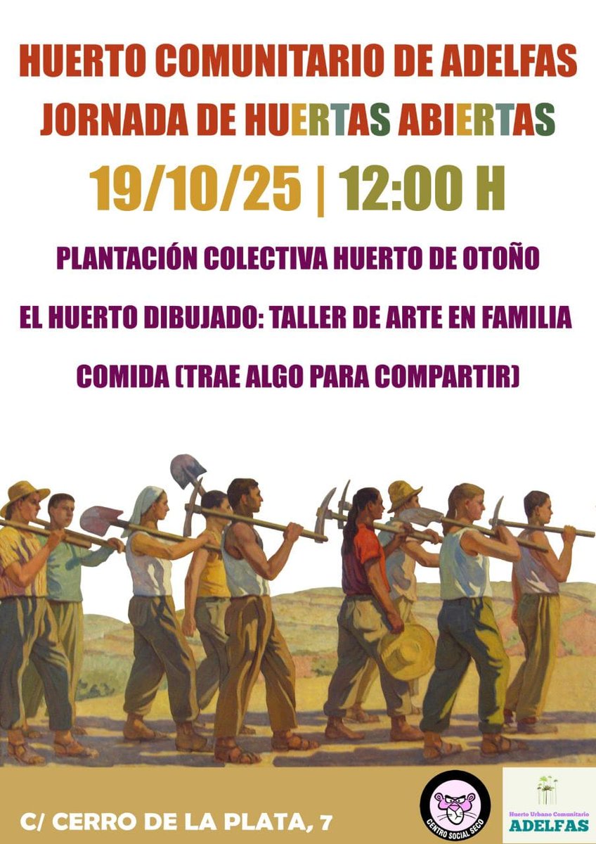 AVPinosRetiro's tweet image. Os invitamos a la Jornada de Huertas Abiertas en el Huerto Comunitario de Adelfas. Ven a pasar un día en comunidad y con las manos en la tierra.
🗓️ Domingo 19 🕛12h
¿Qué haremos?
🌱Plantación colectiva
🎨Taller de arte en familia
🧺Comida popular
📍Te esperamos. Cerro d l Plata 7