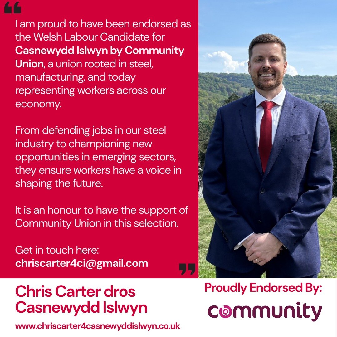 CarterRoutes's tweet photo. Proud to have the backing of @CommunityUnion, a union rooted in steel and manufacturing, now championing workers across our economy.
Together weβll fight for secure, skilled and well-paid jobs in Casnewydd Islwyn and across Wales. πΉ
#WelshLabour #CommunityUnion #CasnewyddIslwyn