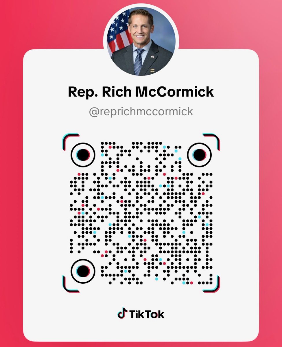 RepMcCormick's tweet image. Excited to finally be on @tiktok_us ! Use the QR code below to follow: