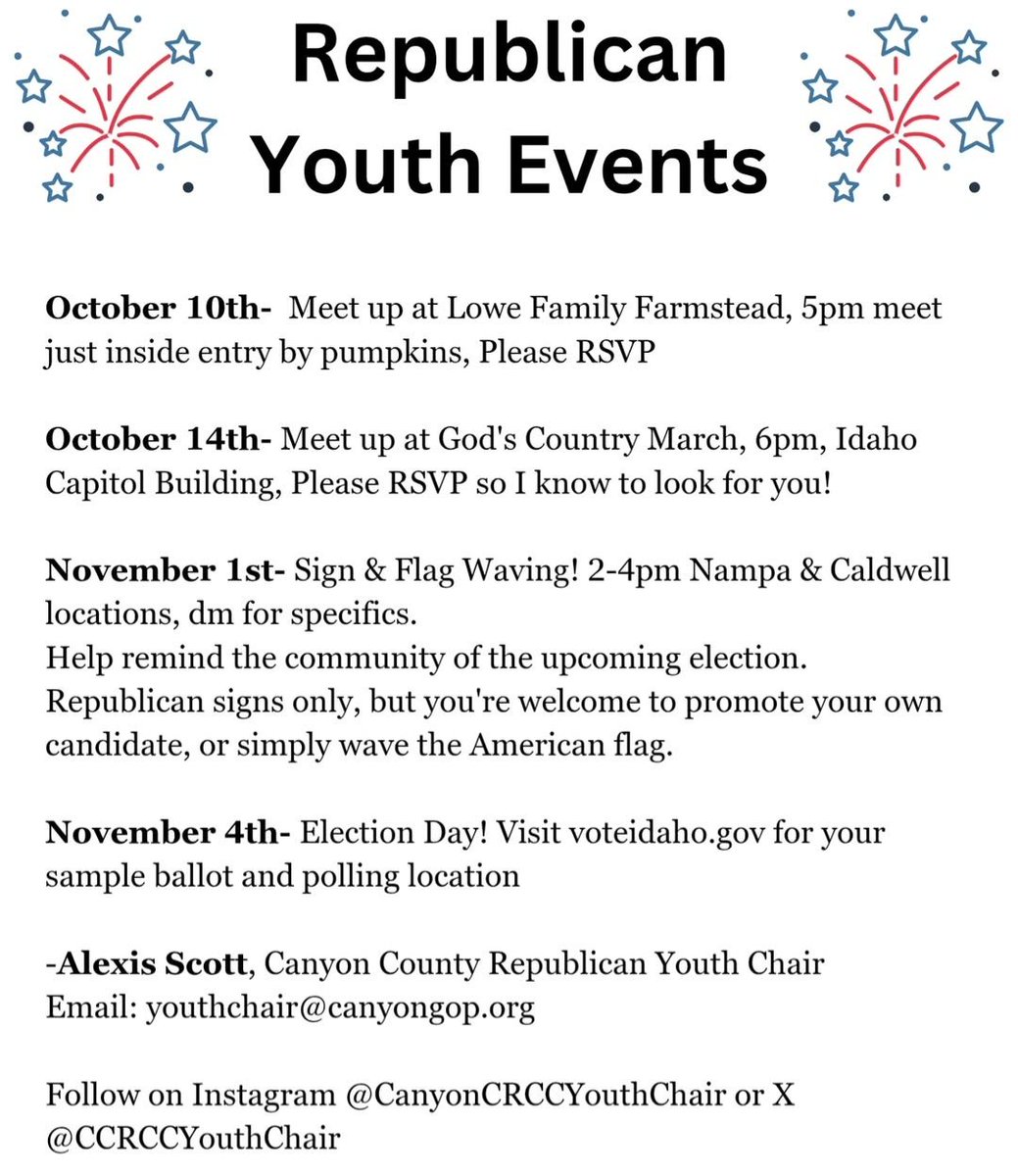 IdahoYRs's tweet photo. Live in the Treasure Valley? 
Youth Chairs @AdaGOPYouth and Alexis of Canyon County Republicans  have some events coming up! https://t.co/MUsj0rGamn