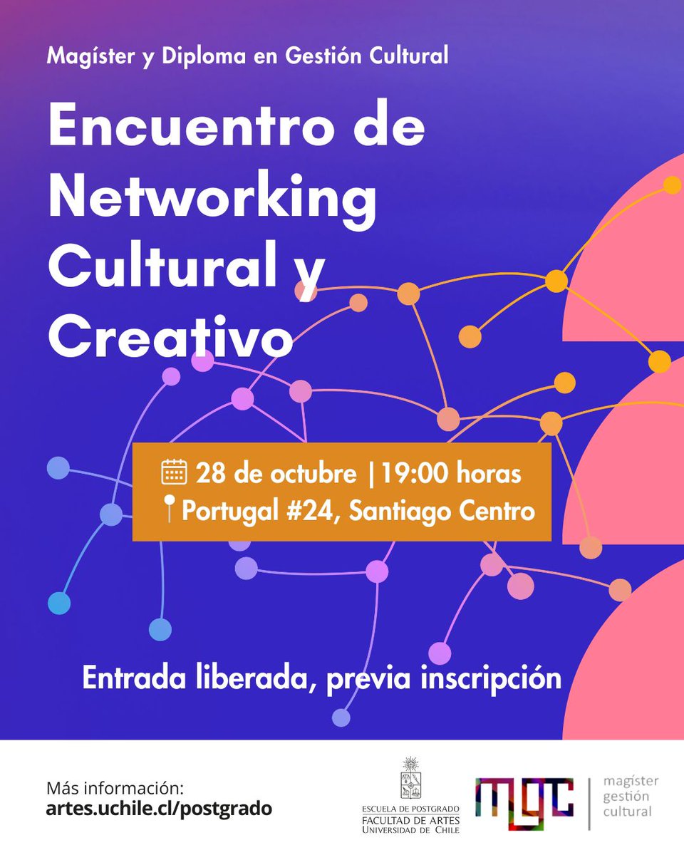 PalominosSimon's tweet photo. El Magíster y Diploma en Gestión Cultural de la Universidad de Chile invitan al Encuentro de Networking Cultural y Creativo.

📍 Lugar: Portugal 24, Santiago Centro
📅 Fecha: 28 de octubre 2025
⏰ Hora: 19 horas

Inscripción gratuita aquí: https://t.co/sjSiiWo7c9 https://t.co/AVdbwdmKeg