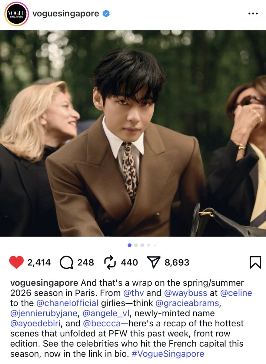 [INFO] Vogue Singapore highlighted Taehyung’s appearance at Celine Fashion show in their recap of the “Hottest scenes that unfolded at Paris Fashion Week” 

CELINE AMBASSADOR TAEHYUNG
#TAEHYUNGxCELINE #VxCelineEte26 #PFW <a href="/celineofficial/">CELINE</a>