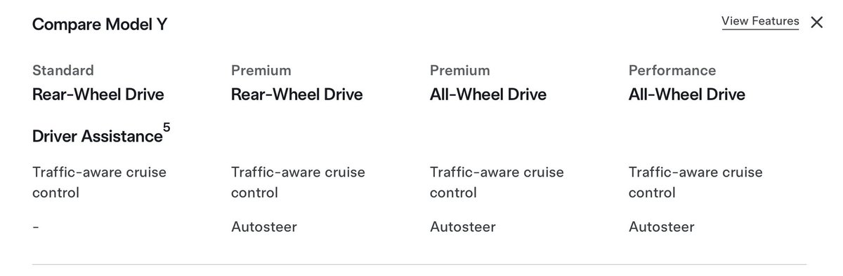 No autosteer included on Model Y Standard! Only traffic aware cruise control.

Now that's kind of nuts.