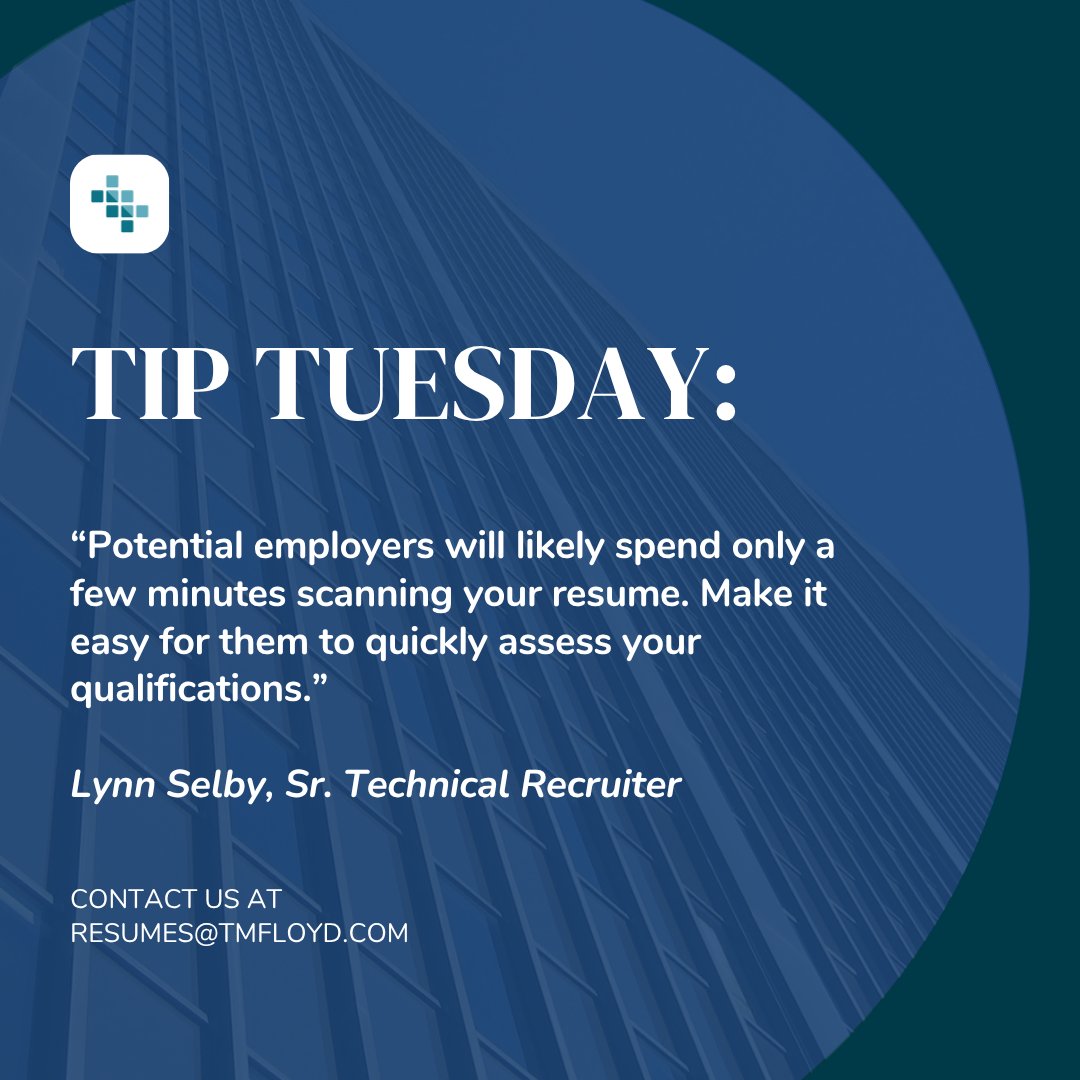 TMFloydandCo's tweet image. 📄 First impressions count, especially when it comes to your resume. Hiring managers don’t have time to search for your strengths. Keep it clean, clear, and focused on what matters most. #TipTuesday #ResumeTips #HiringTips #JobSearchTips