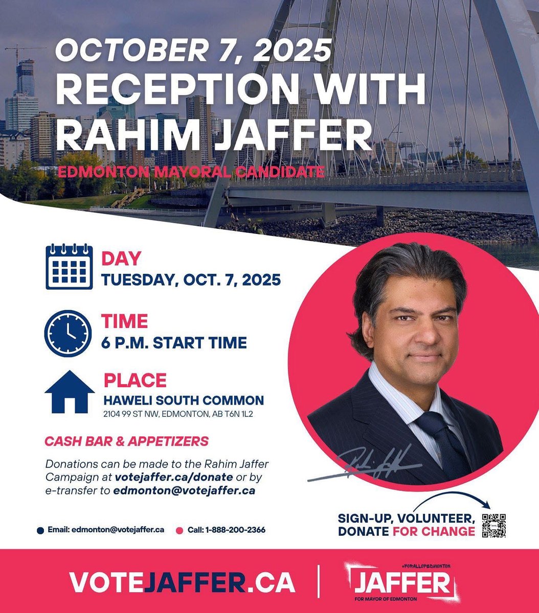 Don’t forget: We’re holding a big reception tonight at <a href="/HaweliSCommon/">Haweli Restaurant South Common</a> and you’re invited!

This will be an unforgettable evening of great food, drinks, and company!

➡️ Votejaffer.ca

#yeg #yegvote #forallofedmonton